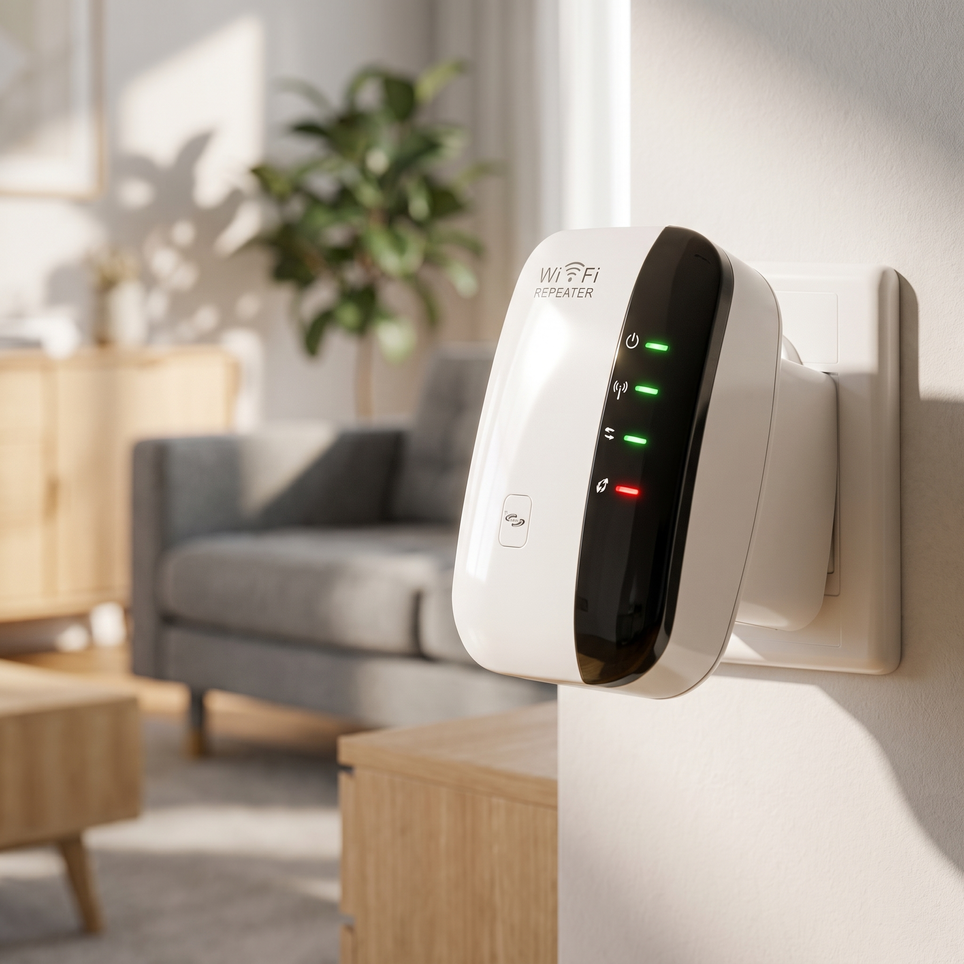 Repetidor WiFi Bruma enchufado en un living moderno