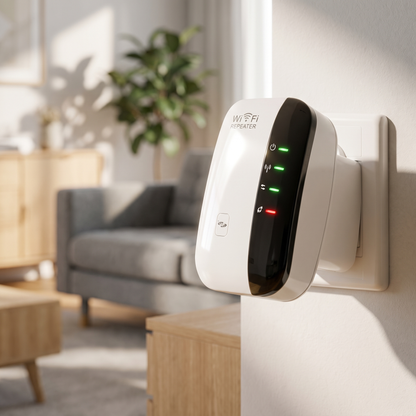 Repetidor WiFi Bruma enchufado en un living moderno