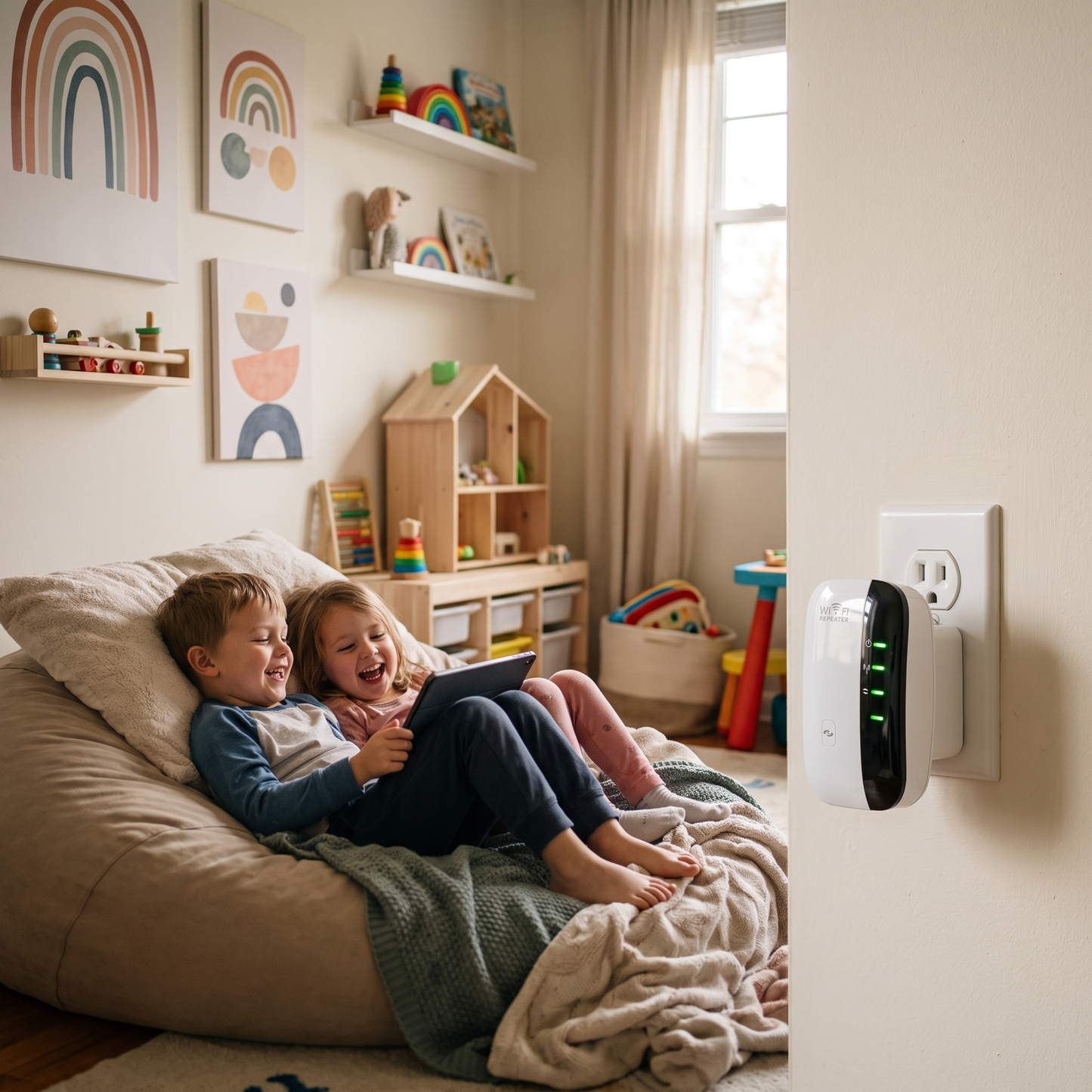 Niños viendo tablet con WiFi que llega hasta su pieza gracias al Repetidor Bruma